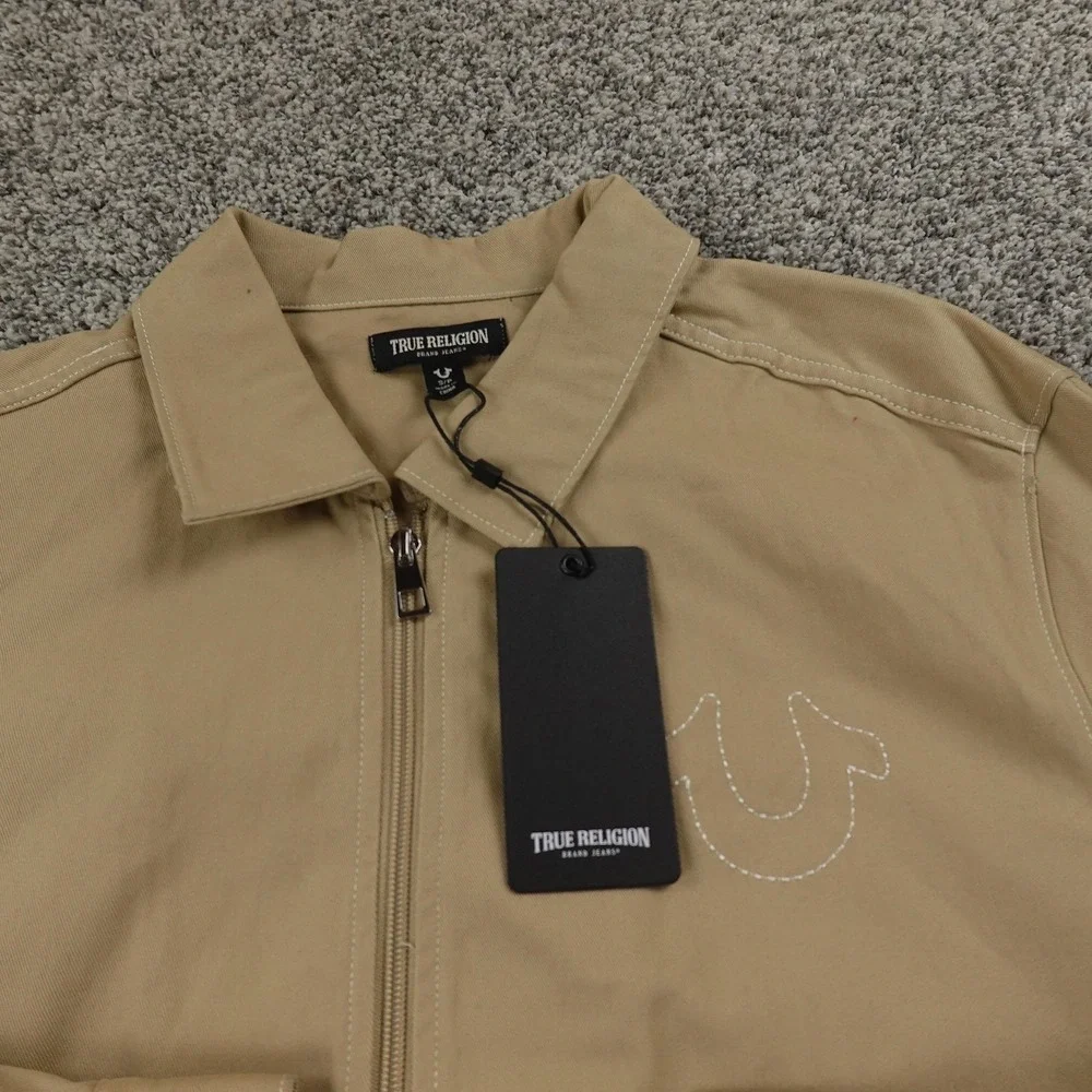 NEW True Religion Jacket Mens S Beige Brown Full Zip Up Twill Bomber Coat Casual
